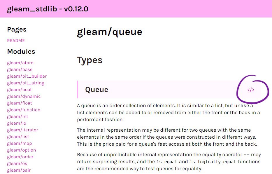 A screenshot of Gleam's rendered docs showing a link to source code
