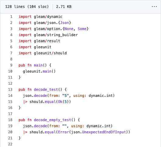 Some Gleam source code on GitHub with syntax highlighting