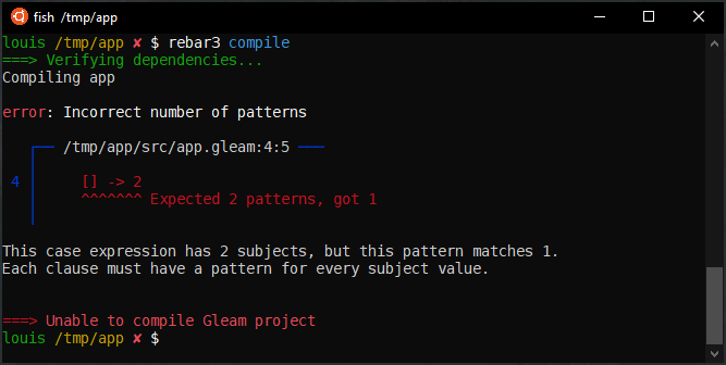 A terminal showing a pattern matching error message