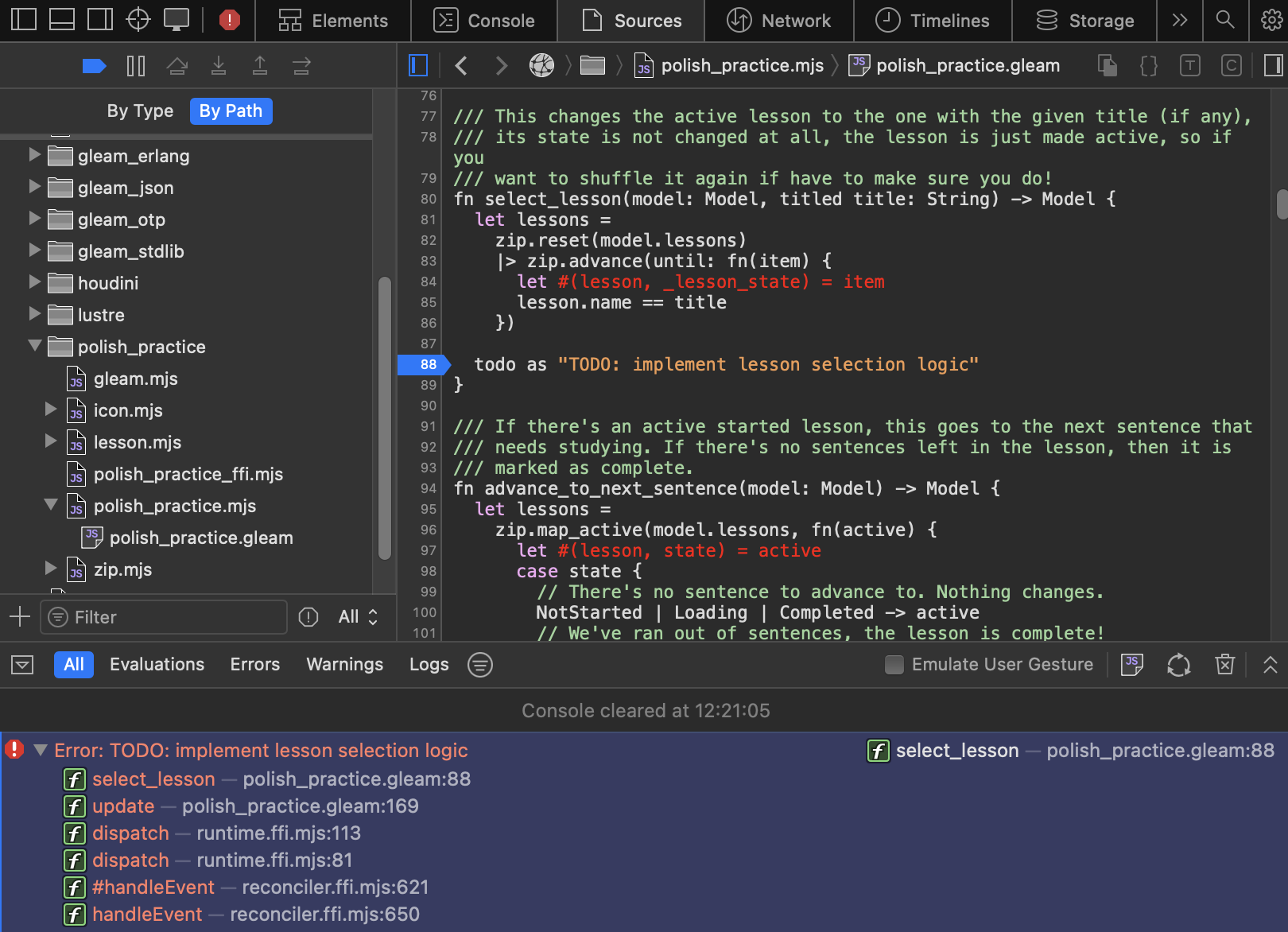 Safari's dev tools debugger showing Gleam code